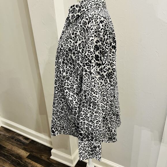 Jones New York Gray Leopard Print Collared Zipped Long Sleeve Cotton Top Size XL - Picture 2 of 5